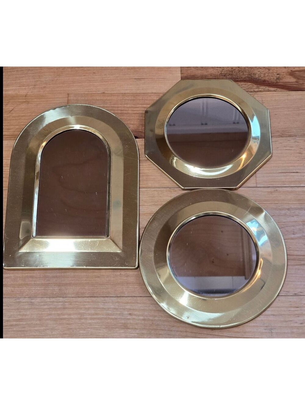 Vintage Brass Geometric Wall Mirrors Set of 3 Arched Octagon Round Taiwan ROC